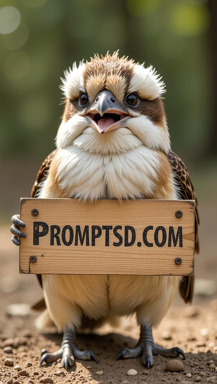amateur photo a funny fat Laughing Kookaburra, with a beautiful sign on which is written in a funny font PROMPTSD COM , at tracking school, summer