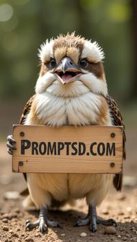 amateur photo a funny fat Laughing Kookaburra, with a beautiful sign on which is written in a funny font PROMPTSD COM , at tracking school, summer