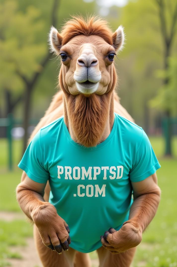amateur photo a surprised Bactrian Camel, in turquoise t shirt on the T shirt there is a beautiful inscription in a modern font PROMPTSD COM , at play park, spring