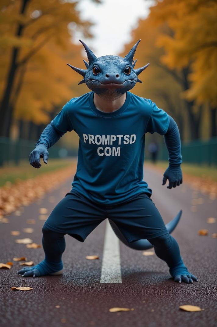 amateur photo a afraid Axolotl, in sapphire t shirt on the T shirt there is a beautiful inscription in a modern font PROMPTSD COM , at running track, autumn