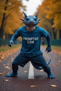 amateur photo a afraid Axolotl, in sapphire t shirt on the T shirt there is a beautiful inscription in a modern font PROMPTSD COM , at running track, autumn