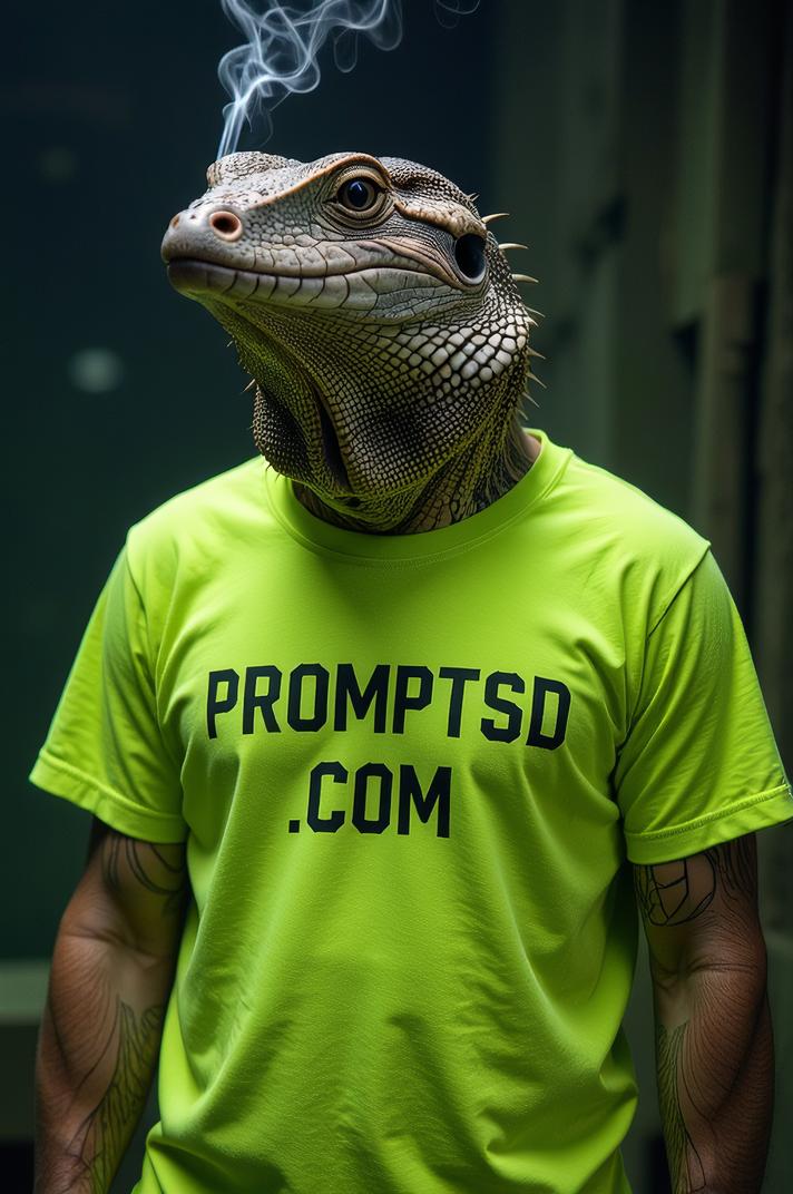amateur photo a afraid Earless Monitor Lizard, in lime green t shirt on the T shirt there is a beautiful inscription in a modern font PROMPTSD COM , at diving school, winter