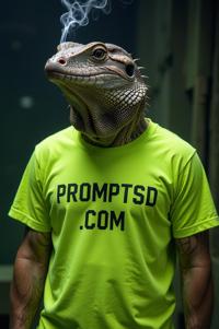 amateur photo a afraid Earless Monitor Lizard, in lime green t shirt on the T shirt there is a beautiful inscription in a modern font PROMPTSD COM , at diving school, winter