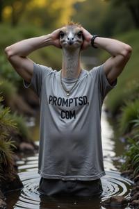 amateur photo a cunning Ornithomimus, in silver t shirt on the T shirt there is a beautiful inscription in a modern font PROMPTSD COM , at drainage ditch, spring