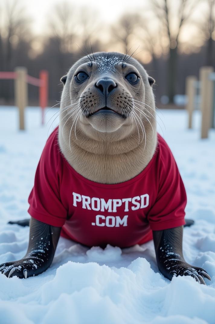 amateur photo a pleased Hawaiian Monk Seal, in ruby t shirt on the T shirt there is a beautiful inscription in a modern font PROMPTSD COM , at obstacle course, winter