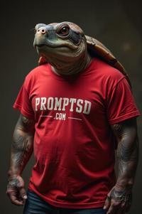 amateur photo a scary Pig Nosed Turtle, in vermilion t shirt on the T shirt there is a beautiful inscription in a modern font PROMPTSD COM , at esthetician school, autumn