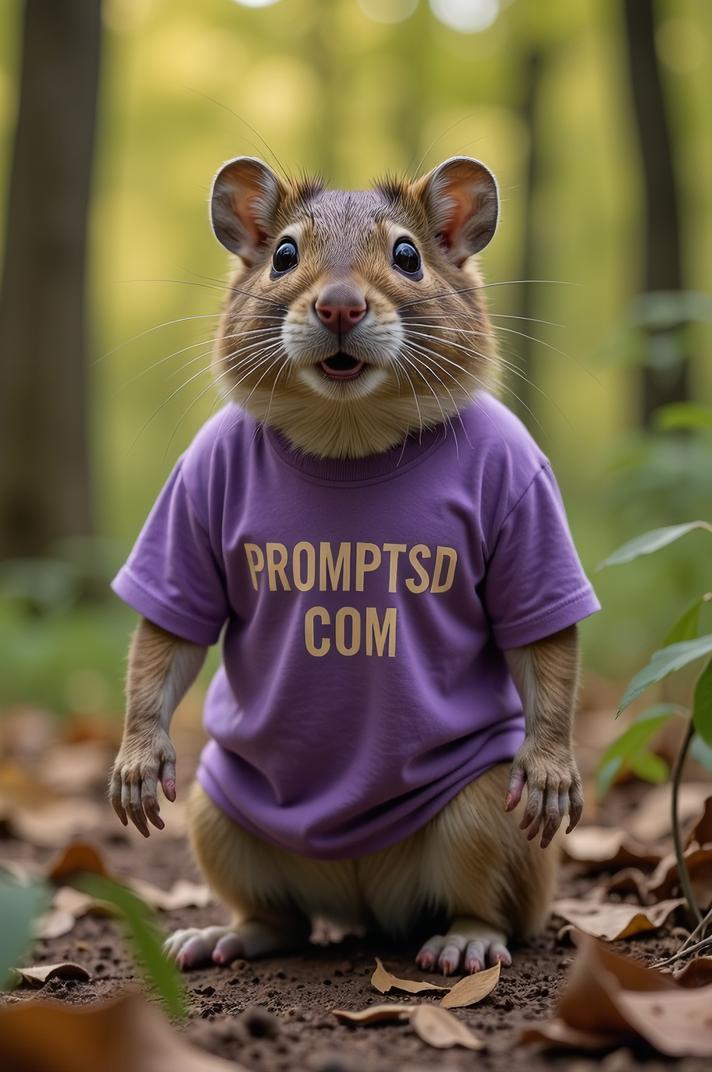 amateur photo a surprised Woodrat, in wisteria t shirt on the T shirt there is a beautiful inscription in a modern font PROMPTSD COM , at riparian forest, autumn