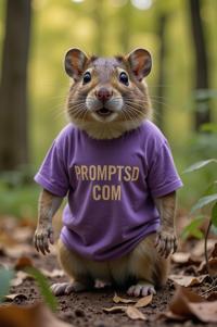 amateur photo a surprised Woodrat, in wisteria t shirt on the T shirt there is a beautiful inscription in a modern font PROMPTSD COM , at riparian forest, autumn