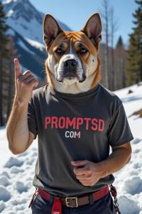 amateur photo a glad Valley Bulldog, in spring bud t shirt on the T shirt there is a beautiful inscription in a modern font PROMPTSD COM , at garden mountaineering school, winter