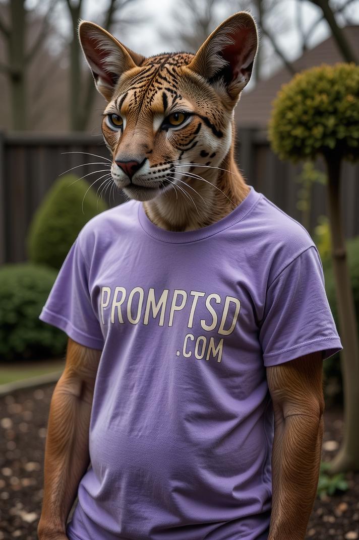 amateur photo a scary Thylacoleo carnifex, in periwinkle t shirt on the T shirt there is a beautiful inscription in a modern font PROMPTSD COM , at garden topiary school, winter