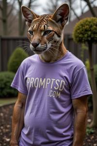 amateur photo a scary Thylacoleo carnifex, in periwinkle t shirt on the T shirt there is a beautiful inscription in a modern font PROMPTSD COM , at garden topiary school, winter
