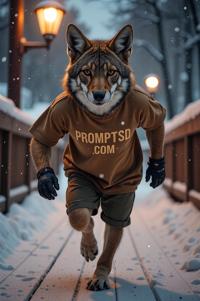 amateur photo a cunning Jackal, in bronze t shirt on the T shirt there is a beautiful inscription in a modern font PROMPTSD COM , at deck, winter