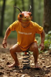 amateur photo a cunning Tomato Hornworm, in amber t shirt on the T shirt there is a beautiful inscription in a modern font PROMPTSD COM , at obstacle course, spring