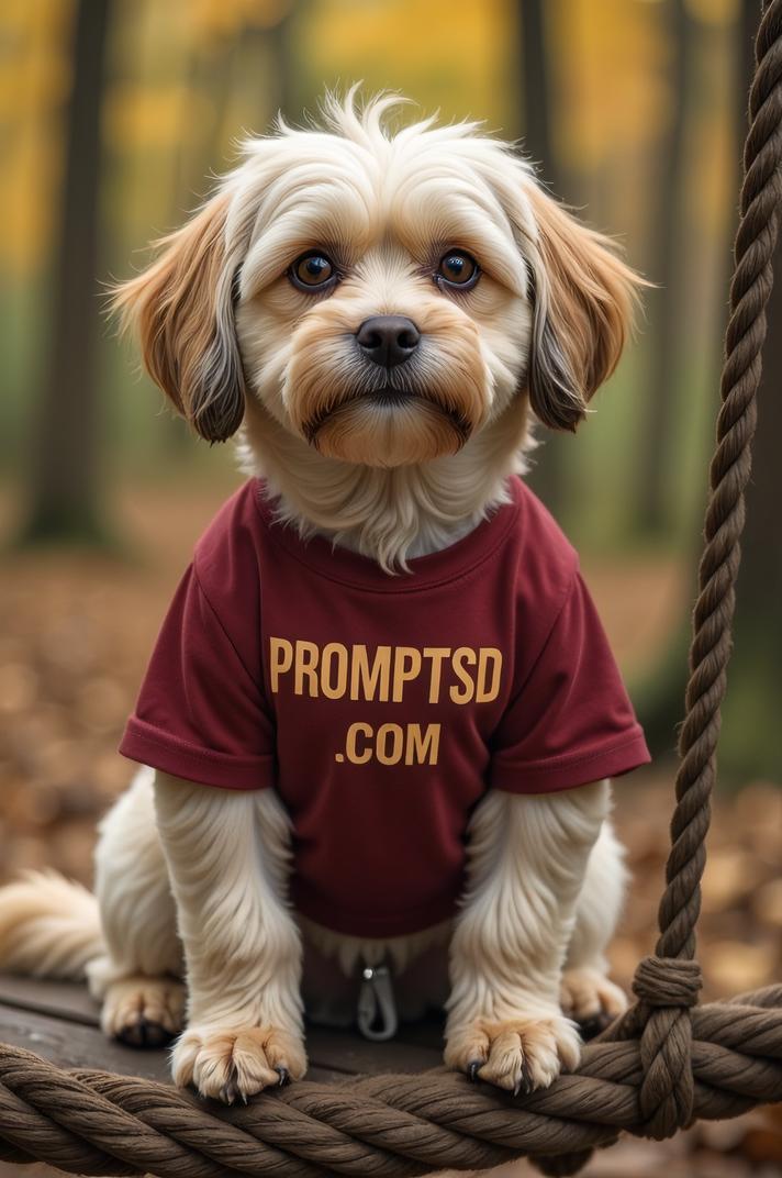 amateur photo a cunning Lhasapoo, in bistre t shirt on the T shirt there is a beautiful inscription in a modern font PROMPTSD COM , at ropes course, autumn