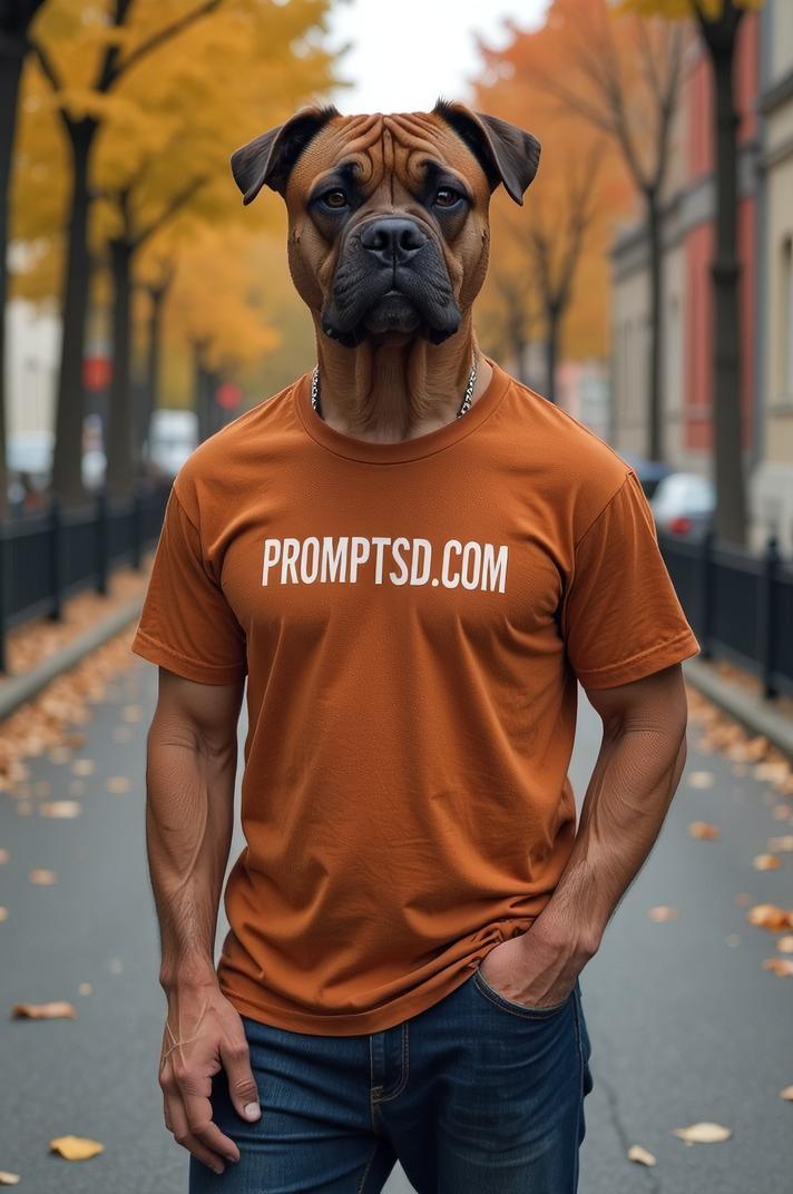 amateur photo a afraid Cane Corso, in russet t shirt on the T shirt there is a beautiful inscription in a modern font PROMPTSD COM , at street, autumn