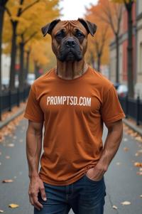 amateur photo a afraid Cane Corso, in russet t shirt on the T shirt there is a beautiful inscription in a modern font PROMPTSD COM , at street, autumn