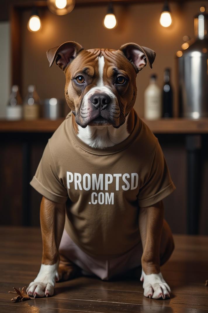 amateur photo a impudent American Staffordshire Terrier, in khaki t shirt on the T shirt there is a beautiful inscription in a modern font PROMPTSD COM , at brewery, autumn