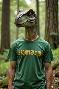 amateur photo a mysterious Barosaurus, in pine green t shirt on the T shirt there is a beautiful inscription in a modern font PROMPTSD COM , at forest, summer
