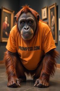 amateur photo a impudent Sumatran Orangutan, in ochre t shirt on the T shirt there is a beautiful inscription in a modern font PROMPTSD COM , at art museum, spring