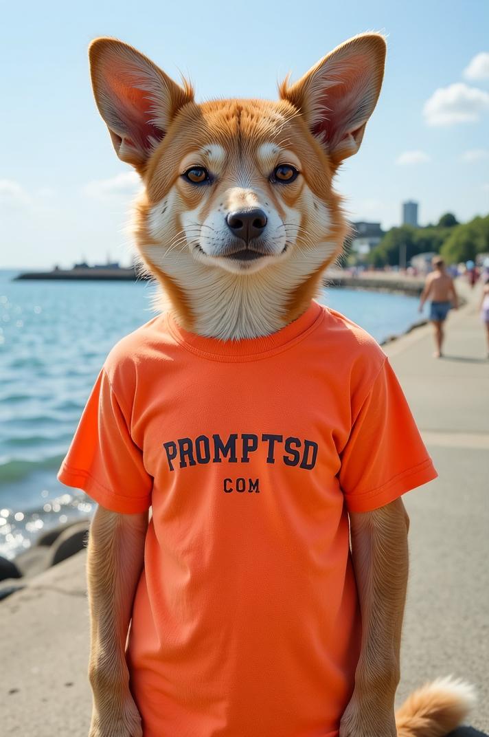 amateur photo a shy Animals that start with B, in carrot orange t shirt on the T shirt there is a beautiful inscription in a modern font PROMPTSD COM , at seawall, summer