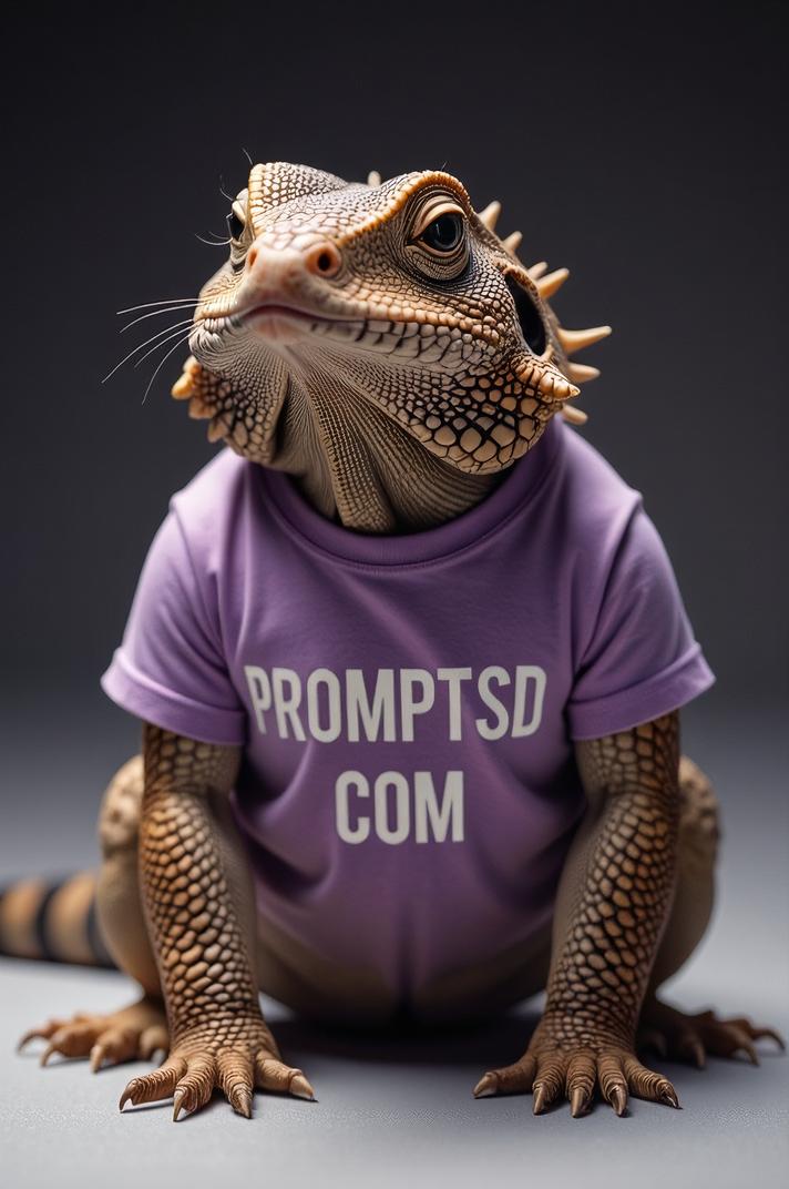 amateur photo a sad Armadillo Lizard, in periwinkle t shirt on the T shirt there is a beautiful inscription in a modern font PROMPTSD COM , at floral design school, winter