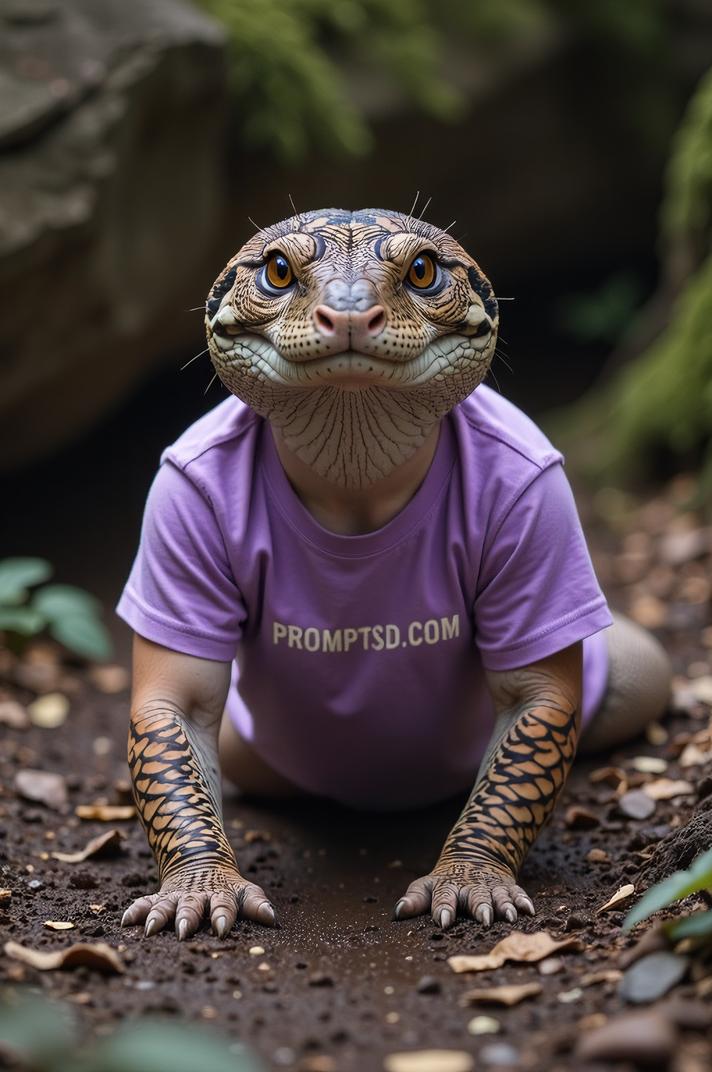 amateur photo a indifferent Inland Taipan, in lilac t shirt on the T shirt there is a beautiful inscription in a modern font PROMPTSD COM , at garden spelunking school, winter