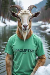 amateur photo a cunning Nubian Goat, in spring green t shirt on the T shirt there is a beautiful inscription in a modern font PROMPTSD COM , at river, winter