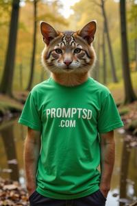 amateur photo a impudent Animals that start with Y, in kelly green t shirt on the T shirt there is a beautiful inscription in a modern font PROMPTSD COM , at floodplain forest, autumn