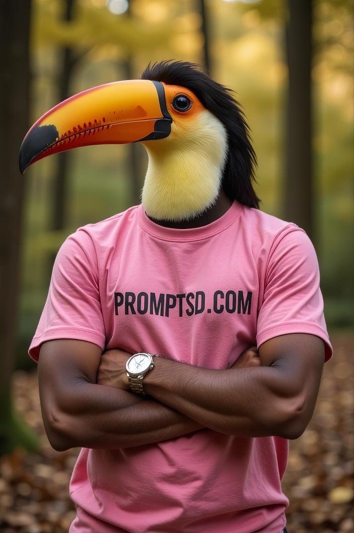 amateur photo a impudent Toucan, in pink t shirt on the T shirt there is a beautiful inscription in a modern font PROMPTSD COM , at copse, autumn