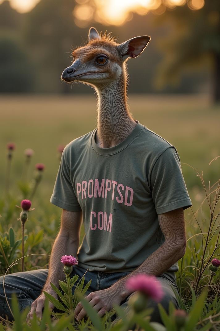 amateur photo a shy Ornithomimus, in thistle t shirt on the T shirt there is a beautiful inscription in a modern font PROMPTSD COM , at meadow, autumn