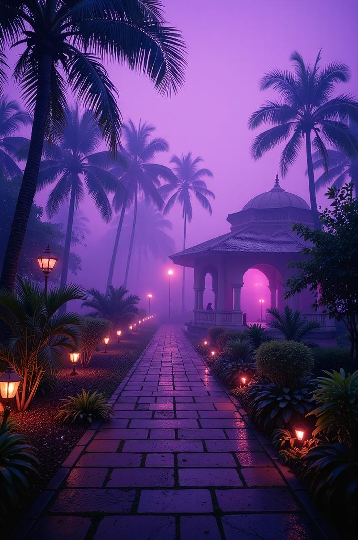 photograph, landscape of a Retrofuturistic Jabalpur , garden, Foggy