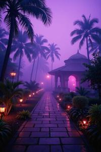 photograph, landscape of a Retrofuturistic Jabalpur , garden, Foggy