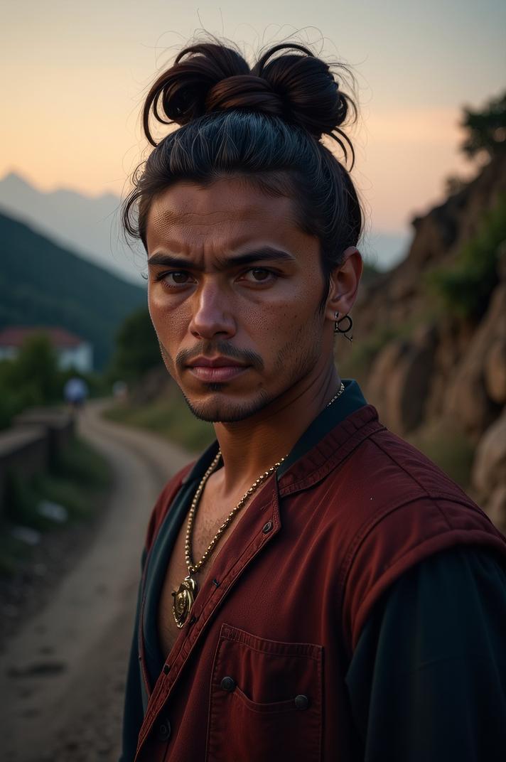 photograph, Male Templar, elegant, Trendy hair styled as Messy bun