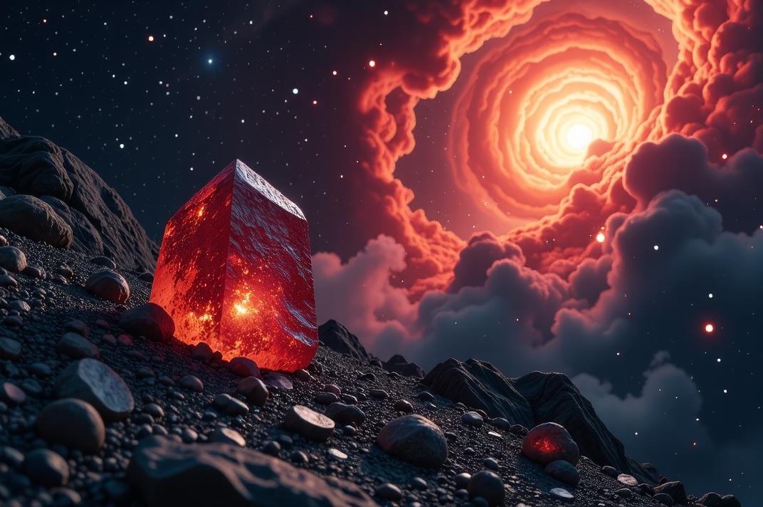 photograph, Hateful Elemental stones , space and Supernova remnant in background, Cinestill
