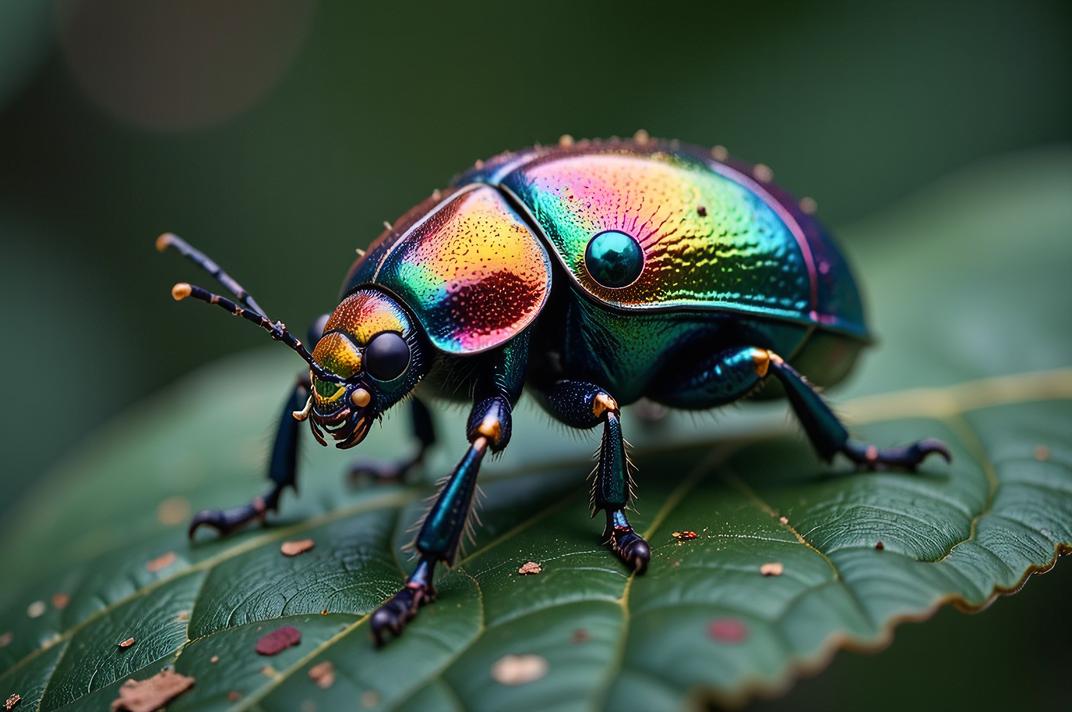 photograph, Vibrant Alien Rainbow Leaf Beetle, background is nature, Nostalgic lighting
