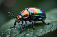 photograph, Vibrant Alien Rainbow Leaf Beetle, background is nature, Nostalgic lighting