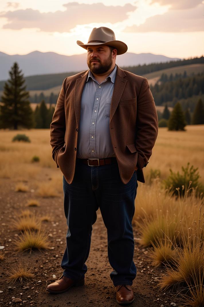 photograph, full body shot of a Stylish plump Guy, Yellowstone National Park in background, at Golden hour