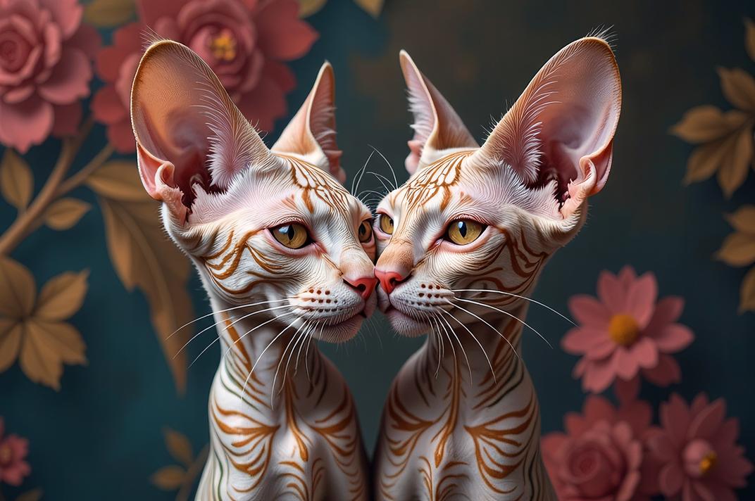 photograph, Sharp focus of a Loving Cornish Rex Cat, happy, muralist