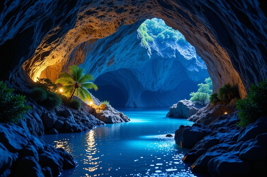 photograph, deep yellow theme , landscape of a Inspirational Navy Blue Bioluminescent Cave and Port au Prince, Energetic
