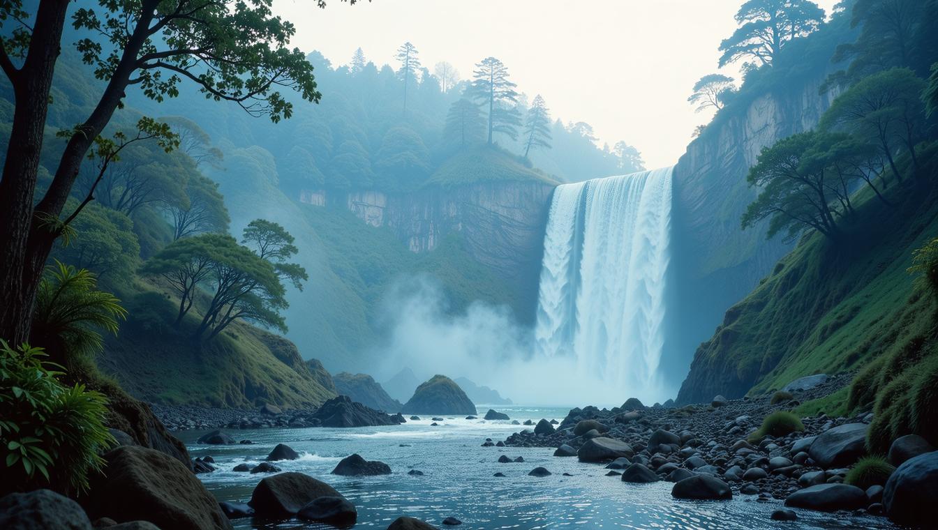photograph, landscape of a Scaly Guwahati Portland and Enchanted waterfall, Gradient cityscape, Smoky Conditions