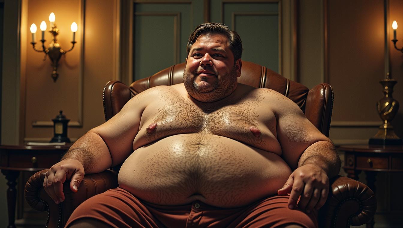 photograph, medium wide shot of a Rich obese Sebastian, centered background, Overdetailed art
