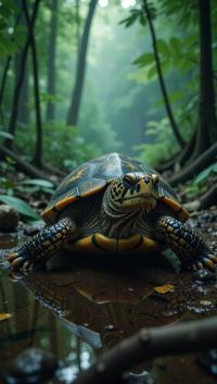 photograph, Cyberpunk Loggerhead Turtle , jungle, Hazy conditions