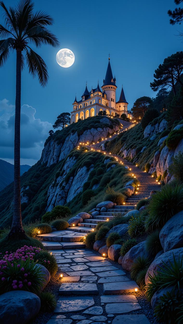 photograph, medium wide shot of a The King of Magic , hillside, at Nighttime