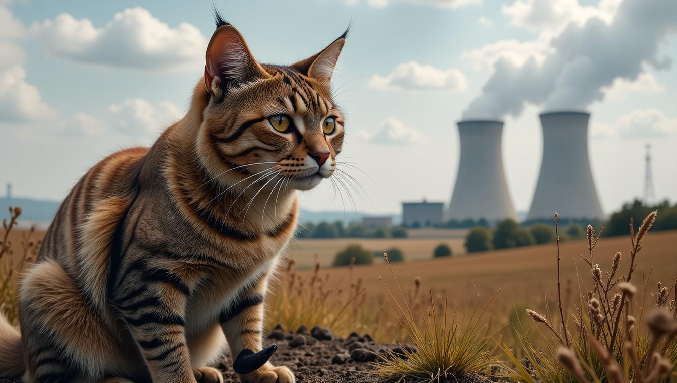 photograph, Manx Cat, Hairy, Nuclear power plant in background