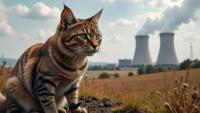 photograph, Manx Cat, Hairy, Nuclear power plant in background