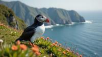 photograph, hillside, Furry Puffin, in focus