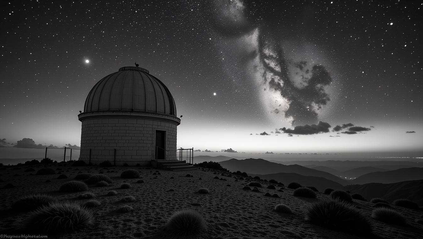 photograph, landscape of a Creative Signature Subspace Observatory from inside of a Starry night sky, at Sunset, Regret
