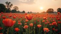 photograph, flower field, shot from behind of a Sparrow of Dreams , at Dawn