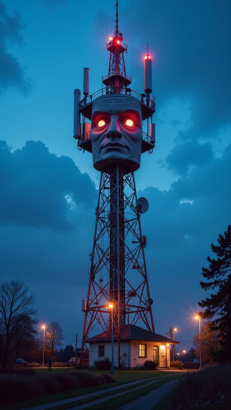 photograph, masterpiece, Small Telecommunications tower, it is anthropomorphic with a face