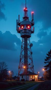 photograph, masterpiece, Small Telecommunications tower, it is anthropomorphic with a face